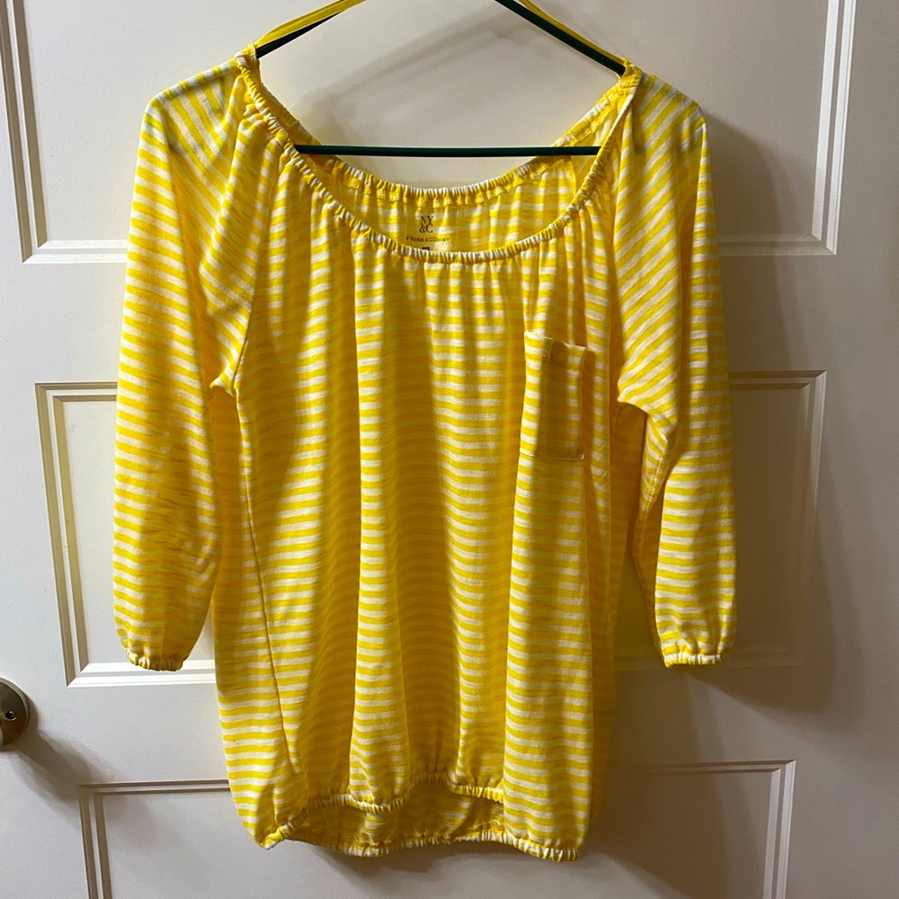 Yellow striped top, gathered at waist and wrists, size small NY&C